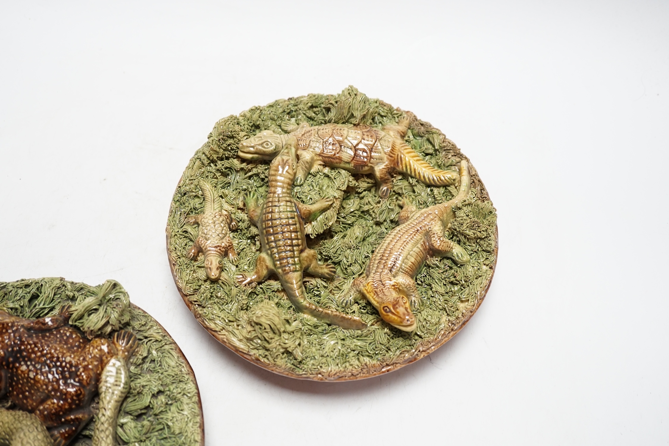 Two Caldas Palissy ware dishes decorated with crocodiles, a frog and a snake, the larger 21cm diameter